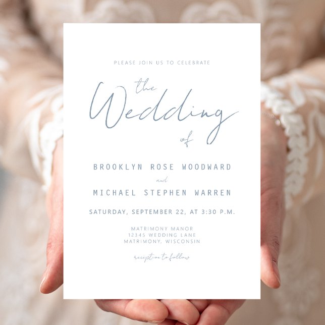 Invitación de boda con letra azul polvorienta mini (Subido por el creador)
