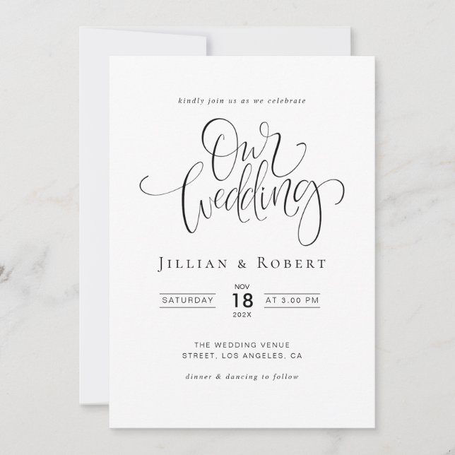 invitación de boda con letra elegante en blanco y  (Anverso)