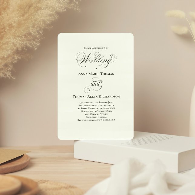 Invitación de Boda con Letra Elegante y Botánica e (Elegant sage green script invitation with timeless minimalist layout.)