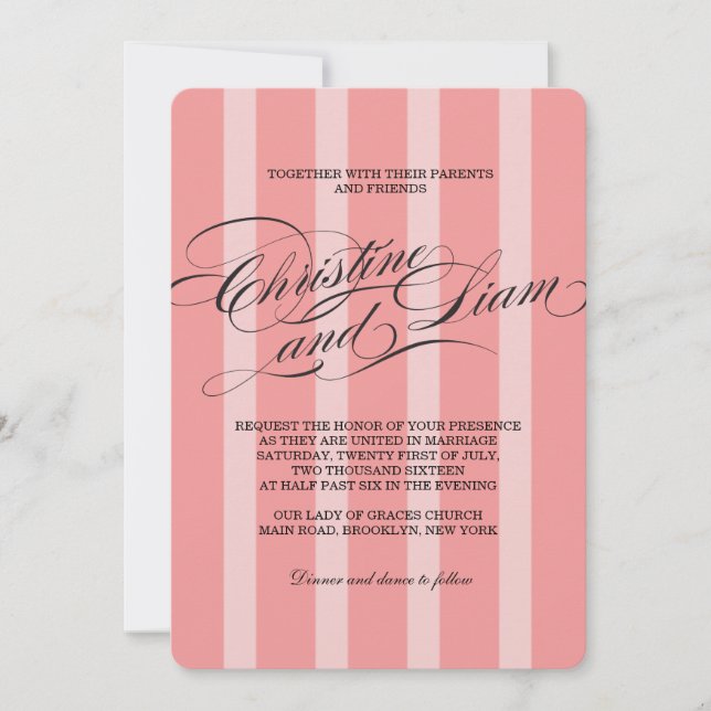 Invitación de boda con letra floreada de rayas ros (Anverso)