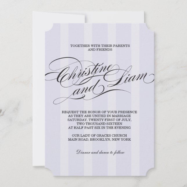 Invitación de boda con letra florida de rayas azul (Anverso)