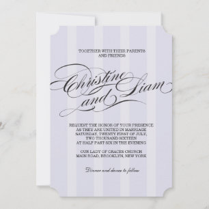 Invitación de boda con letra florida de rayas azul