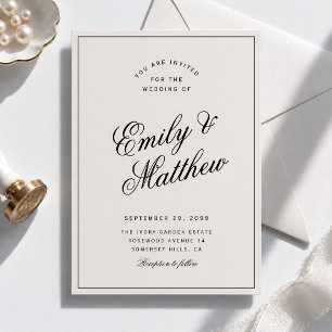 Invitación de boda con letra moderna en marfil
