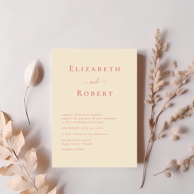Invitación de Boda con Letra Modernista Mínima de  (Coral Modern Minimalist Script Wedding Invitation on a table with soft pink dry flowers)