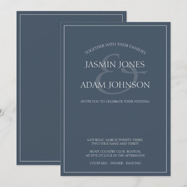 Invitación de boda con letra Opulenta Azul Real (Anverso / Reverso)