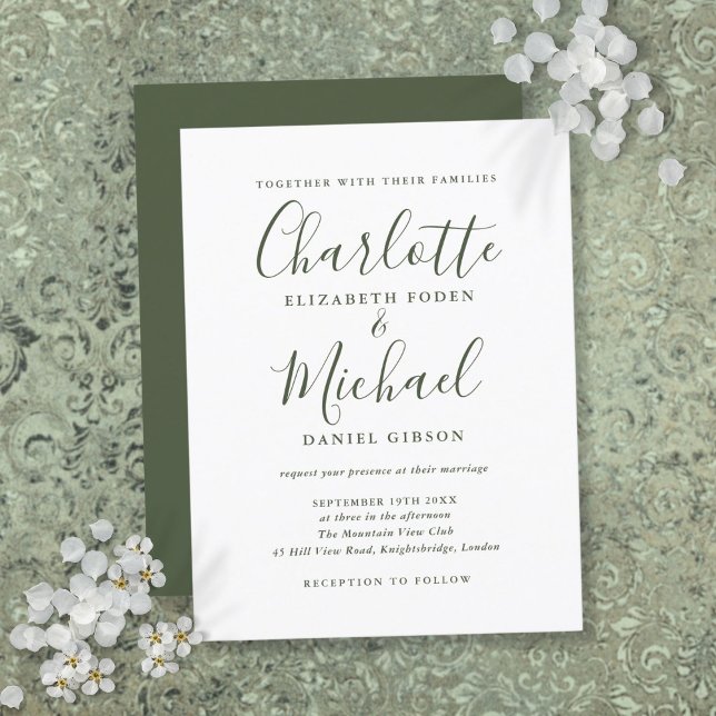 Invitación de boda con letra script en verde oliva (Minimalist Olive Green Script Wedding Invitation)