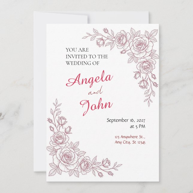 Invitación de boda con línea fina de rosa roja (Anverso)