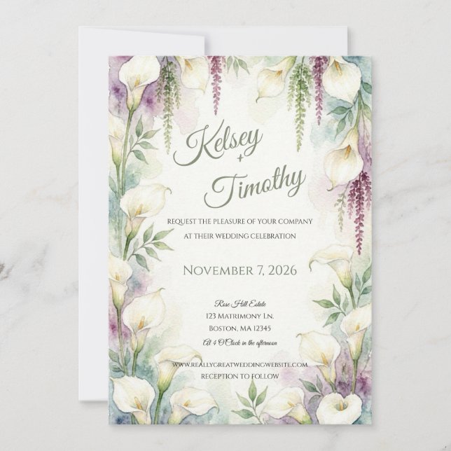Invitación de boda con lirios de Calla en cascada (Anverso)