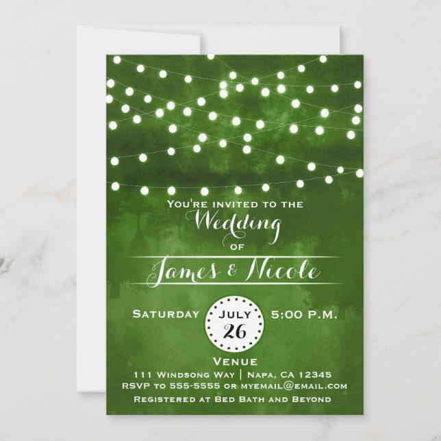 Invitación de boda con luces de cadena de bosque v (Anverso)