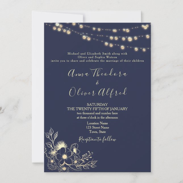 Invitación de boda con luces de cadena doradas y a (Anverso)