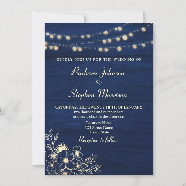 Invitación de boda con luces de cuerda azul marino (Anverso)