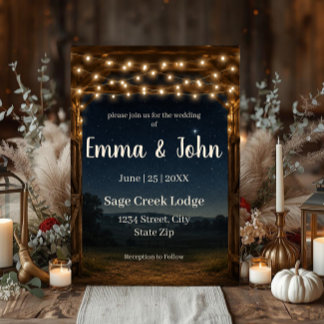 Invitación de boda con luces de cuerda de granero