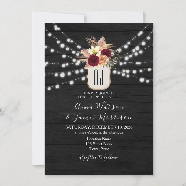 Invitación de boda con luces de cuerda de madera r (Anverso)
