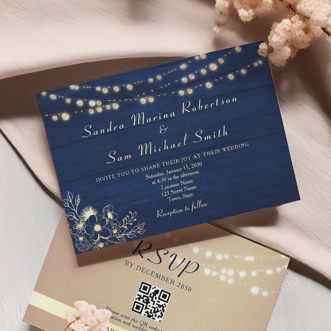 Invitación de boda con luces de cuerda navales rús (Subido por el creador)
