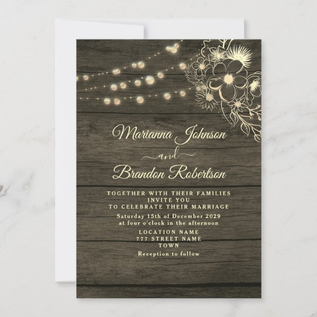 Invitación de boda con luces de cuerda y madera rú (Anverso)