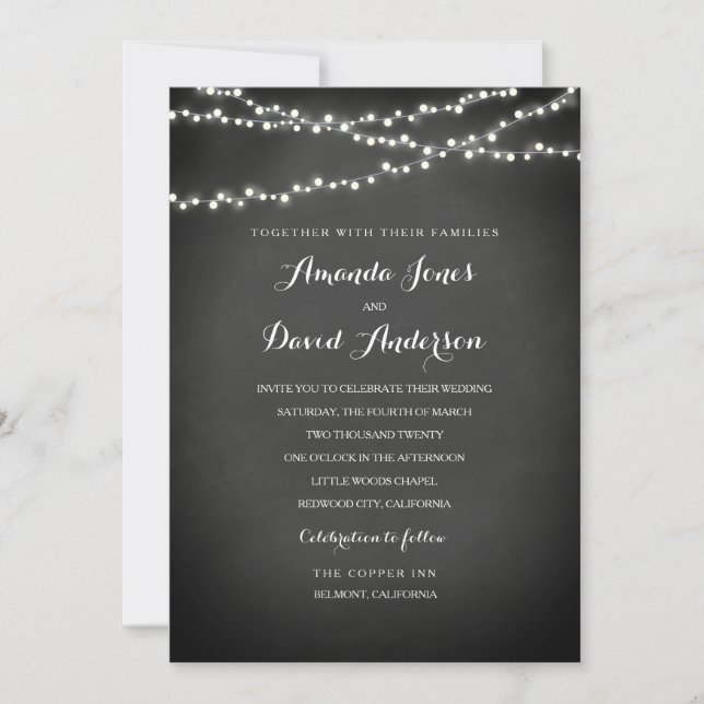Invitación de boda con luces de cuerda y pizarra (Anverso)