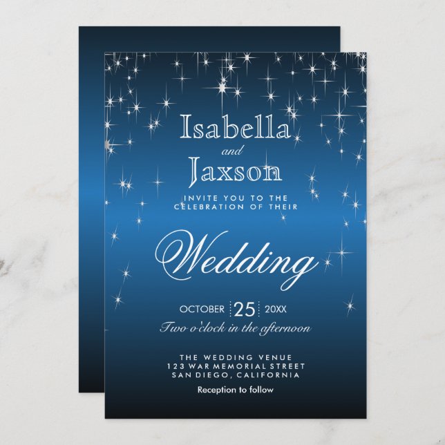 Invitación de Boda con Luces de Estrellas Azules E (Anverso / Reverso)
