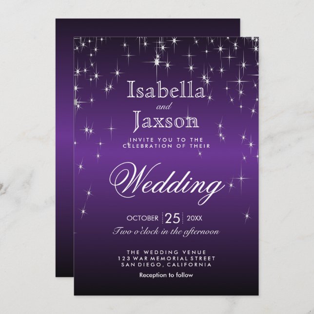 Invitación de Boda con Luces de Estrellas Moradas  (Anverso / Reverso)