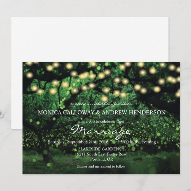 Invitación de boda con luces de hadas del bosque e (Anverso / Reverso)