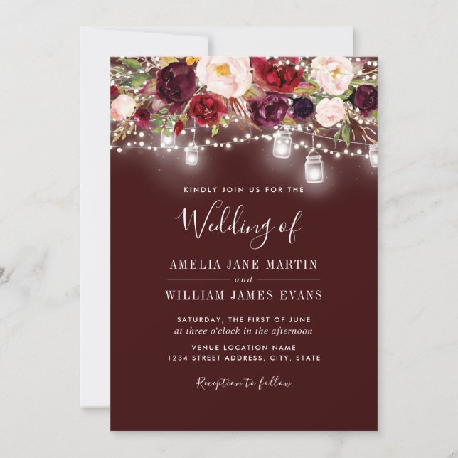 Invitación de boda con luces florales de Borgoña (Anverso)