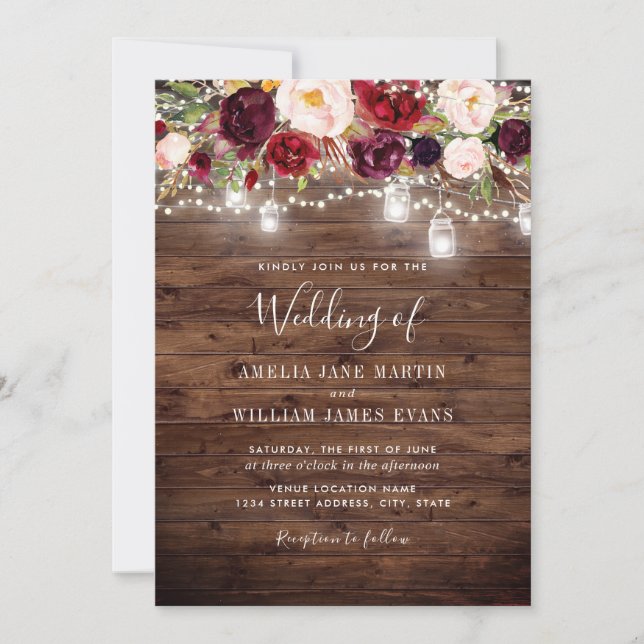 Invitación de boda con luces florales rústicas de  (Anverso)