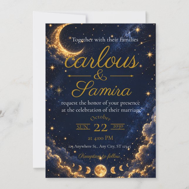 Invitación de boda con luna creciente romántica  (Anverso)