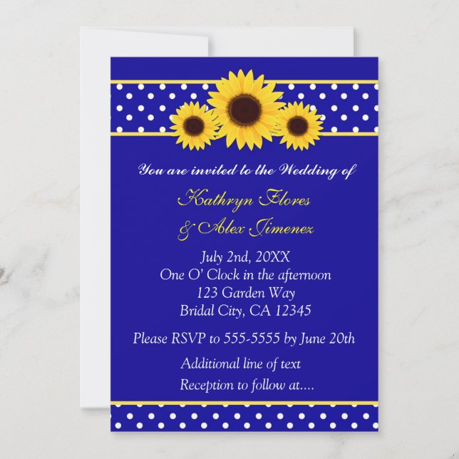 Invitación de boda con lunares y girasoles azul ma (Anverso)