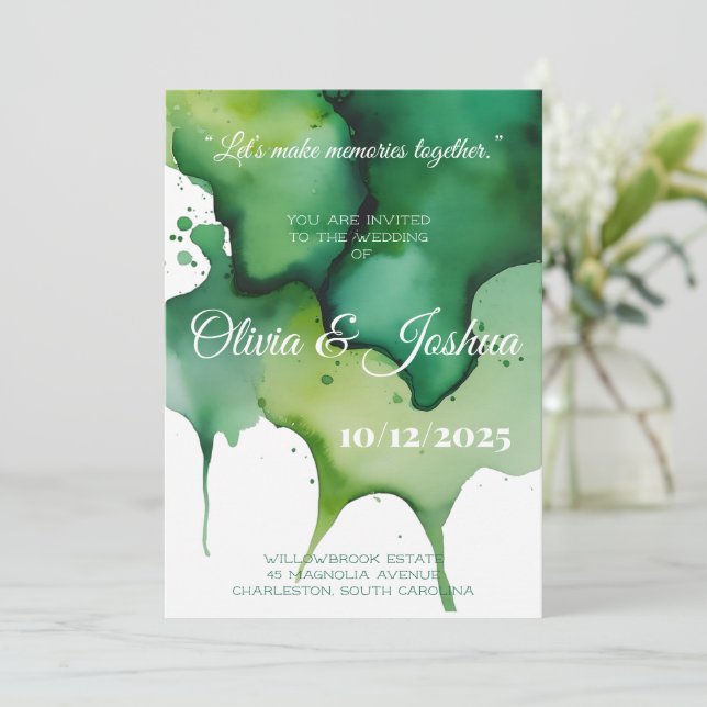Invitación de boda con mancha de acuarela verde (Anverso de pie)