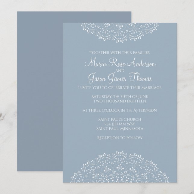 Invitación de boda con mandala blanca y azul polvo (Anverso / Reverso)