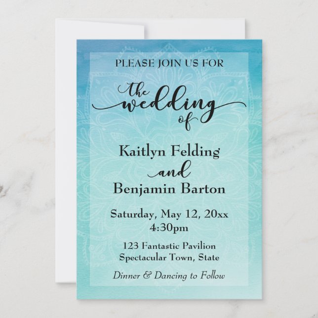 Invitación de boda con mandala de acuarela azul y  (Anverso)