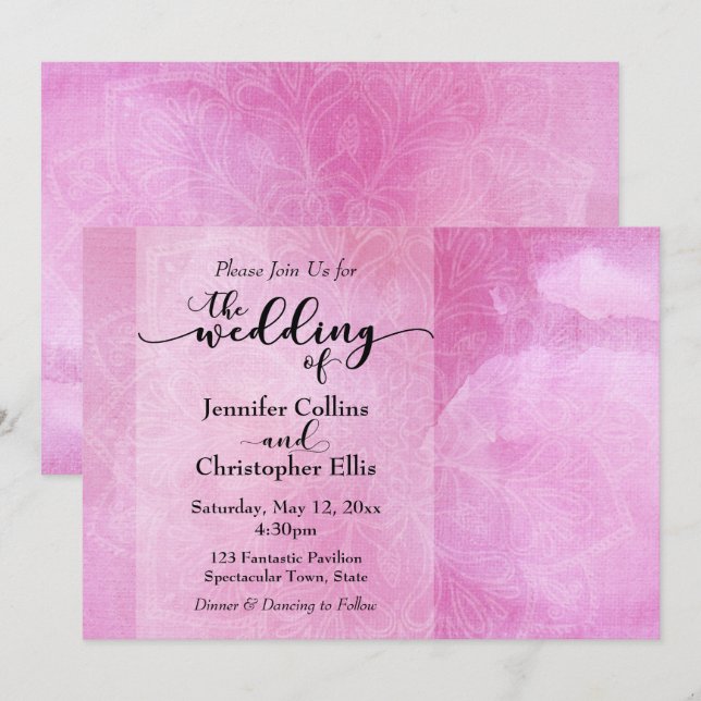 Invitación de boda con mandala de acuarela rosa pr (Anverso / Reverso)