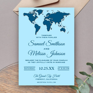 Invitación de boda con mapa del mundo azul moderno