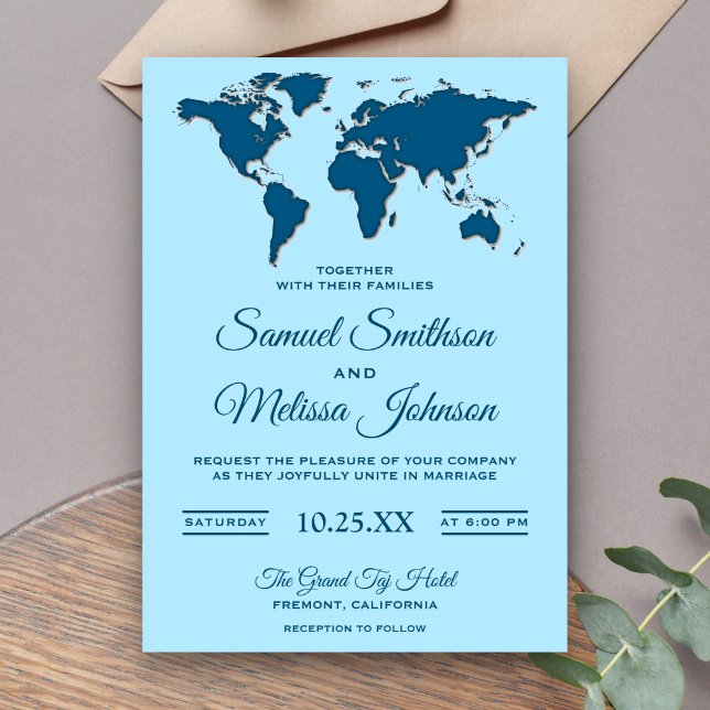 Invitación de boda con mapa del mundo azul moderno (Subido por el creador)