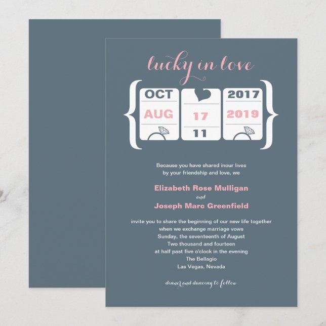 Invitación de boda con máquina tragaperras rosa y  (Anverso / Reverso)