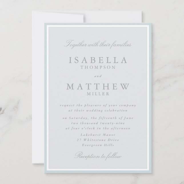 Invitación de boda con marco azul claro (Anverso)