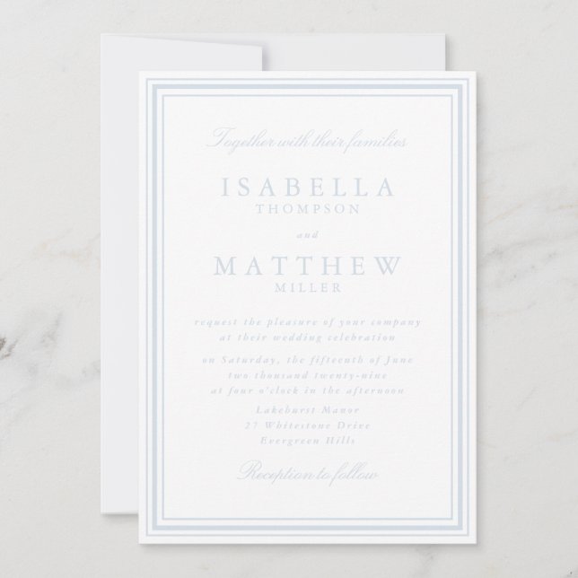 Invitación de boda con marco azul suave (Anverso)