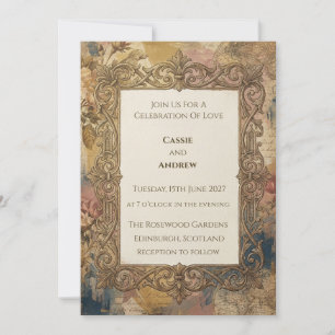 Invitación de boda con marco barroco azul de rosa