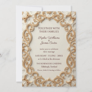 Invitación de boda con marco barroco de oro marfil