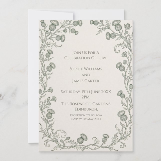 Invitación de boda con marco botánico de plata (Anverso)