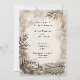 Invitación de boda con marco botánico sepia