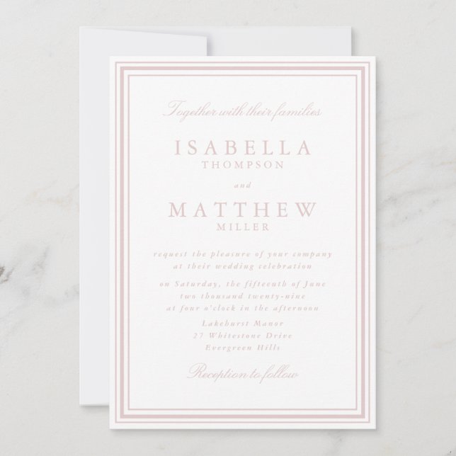 Invitación de boda con marco clásico rosado (Anverso)