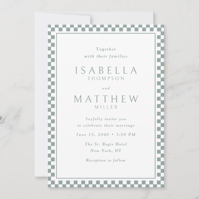 Invitación de boda con marco de cuadros de salvia (Anverso)