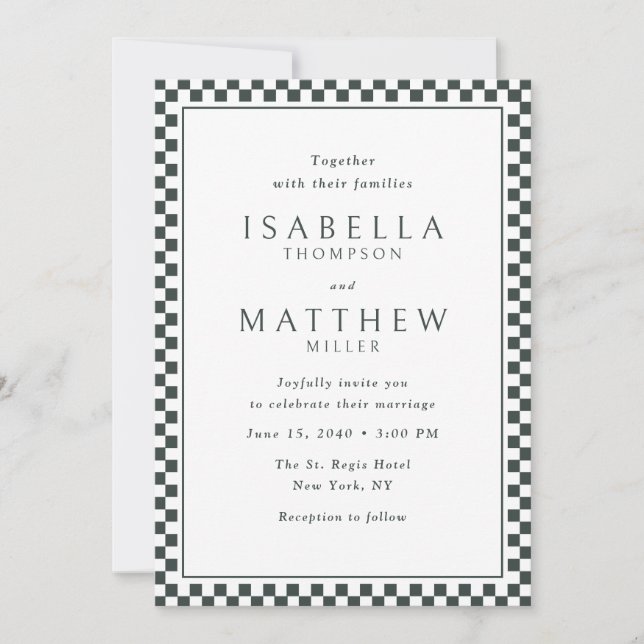 Invitación de boda con marco de cuadros negros (Anverso)