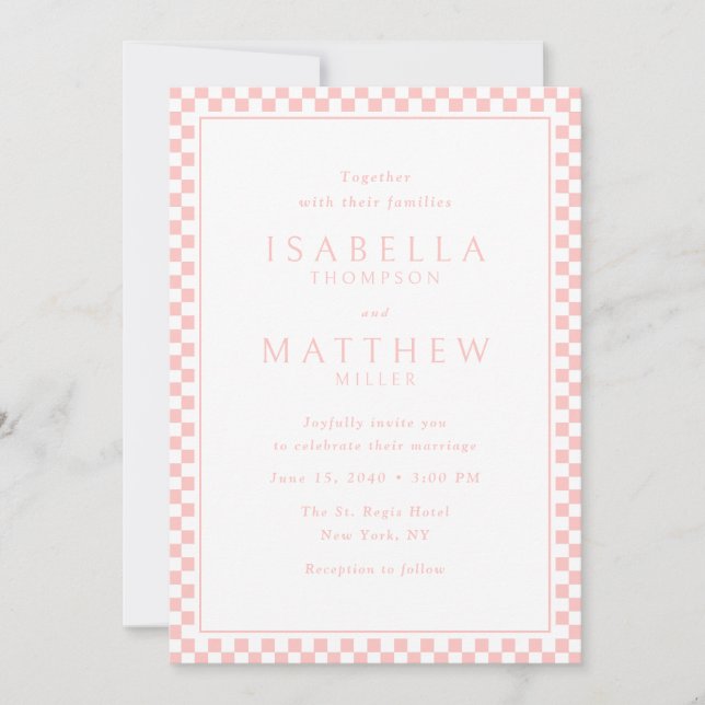 Invitación de boda con marco de cuadros rosa suave (Anverso)