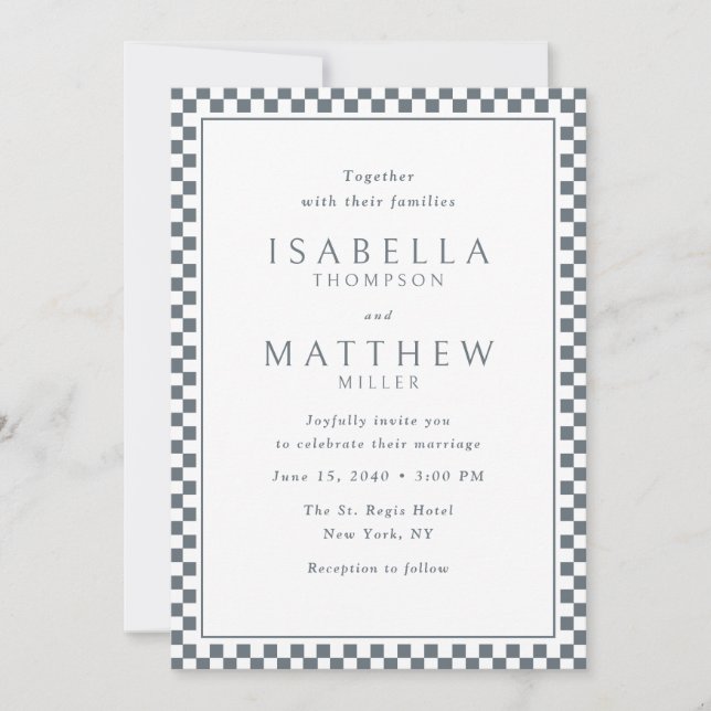 Invitación de boda con marco de damero de grafito (Anverso)