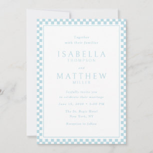 Invitación de boda con marco de damero turquesa