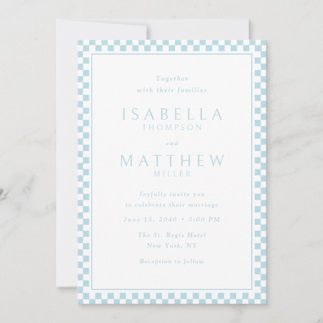 Invitación de boda con marco de damero turquesa (Anverso)