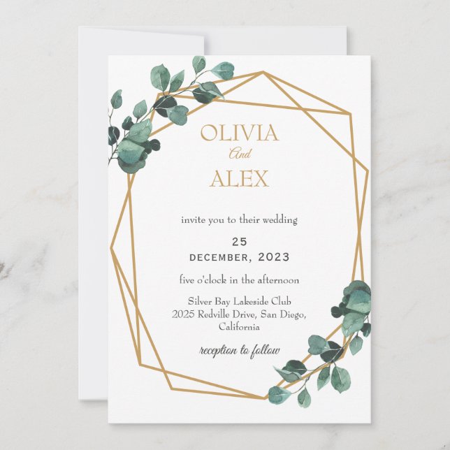 Invitación de boda con marco de diamante dorado y  (Anverso)