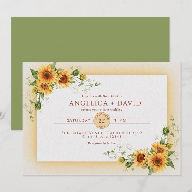 Invitación de boda con marco de girasol (Anverso / Reverso)
