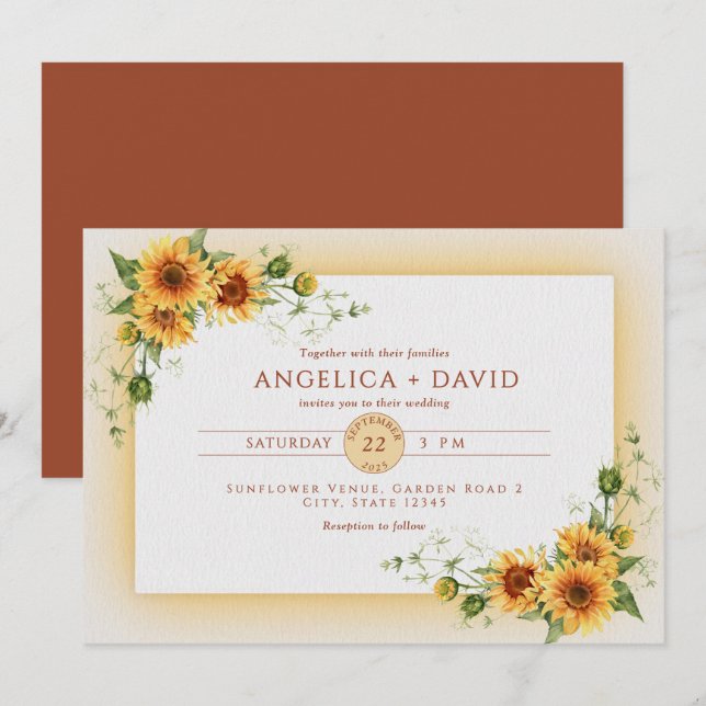 Invitación de boda con marco de girasol (Anverso / Reverso)